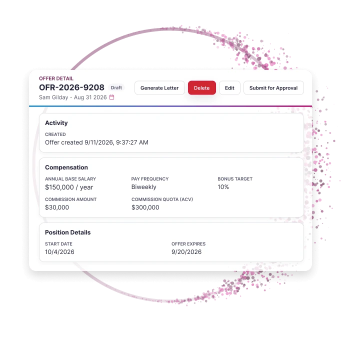 Recruiting offer details, compensation, and approval workflow