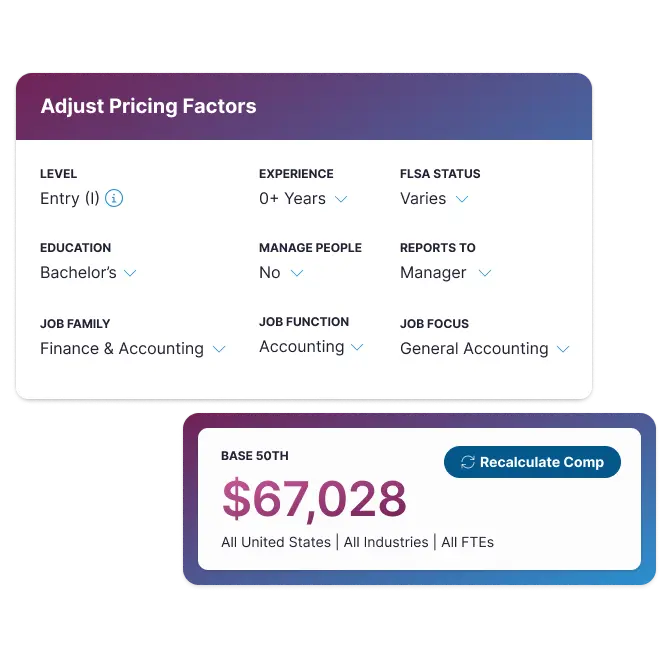 Pricing factors panel with salary benchmarking filters and base percentile salary