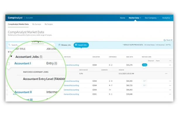 Saved job list dashboard showing organized jobs with quick access to market data and pricing reports