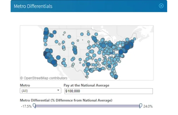 Metro differentials map showing compensation adjustment factors by location compared to national average