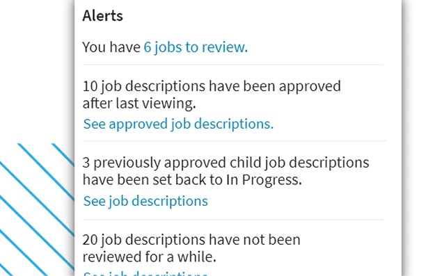 JobArchitect alerts panel showing job review notifications and approval statuses