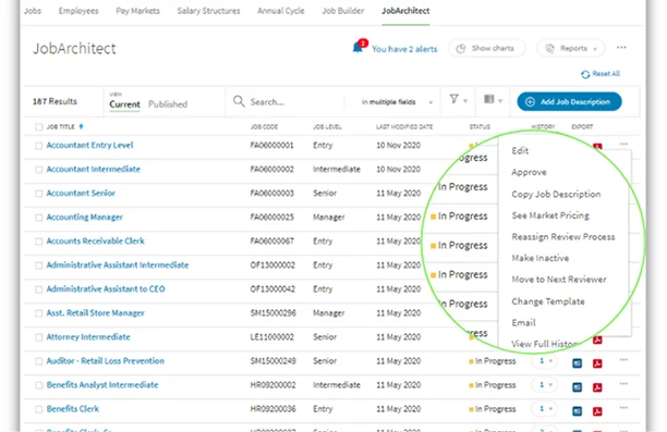 JobArchitect Centralized Command Center showing job description list with search and filter options