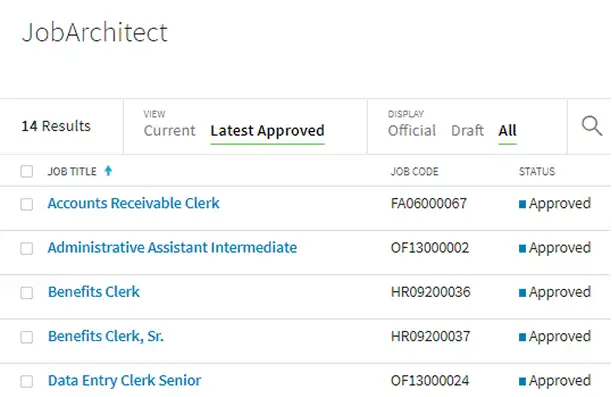 JobArchitect dashboard displaying job description workflow statuses with approval and management actions