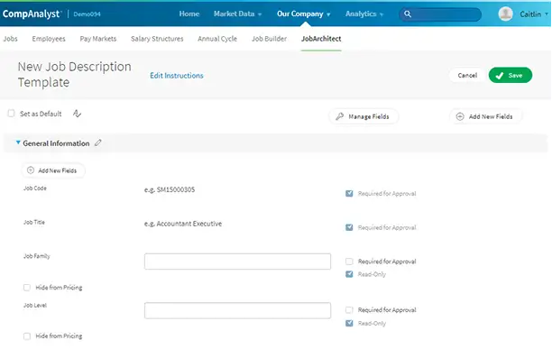 JobArchitect new job description template editor showing customizable fields and edit instructions