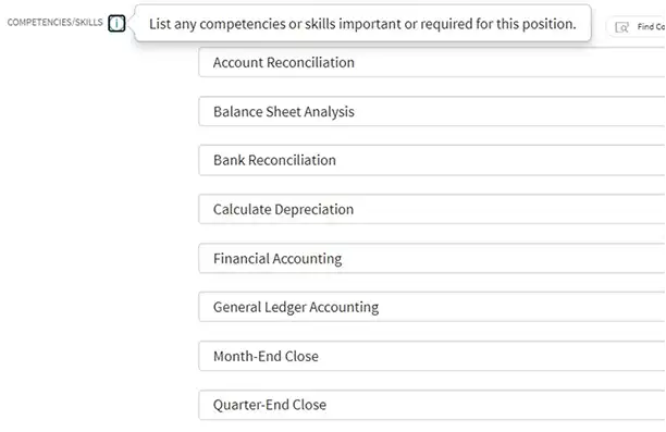 JobArchitect competencies field with edit instructions guiding users to list required skills