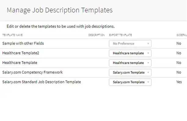 JobArchitect manage job description templates page showing template list with export options