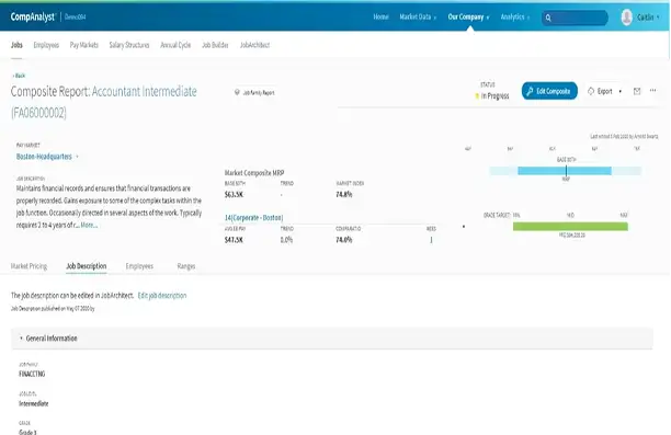 JobArchitect market pricing dashboard showing salary ranges by industry, company size, and location with CompAnalyst integration