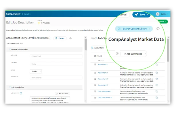 JobArchitect search interface showing pre-built job description content from CompAnalyst Market Data and job postings