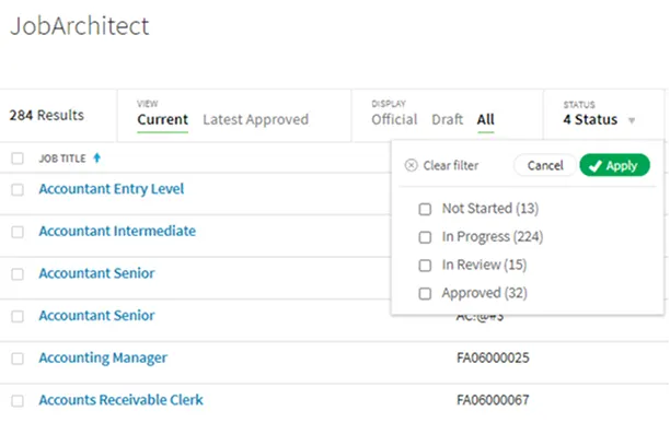 JobArchitect filter panel showing job description status filters with approved, draft, and in-review tracking views