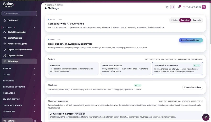SalaryTalent AI Settings showing company-wide AI governance, approval controls, and AI memory settings.