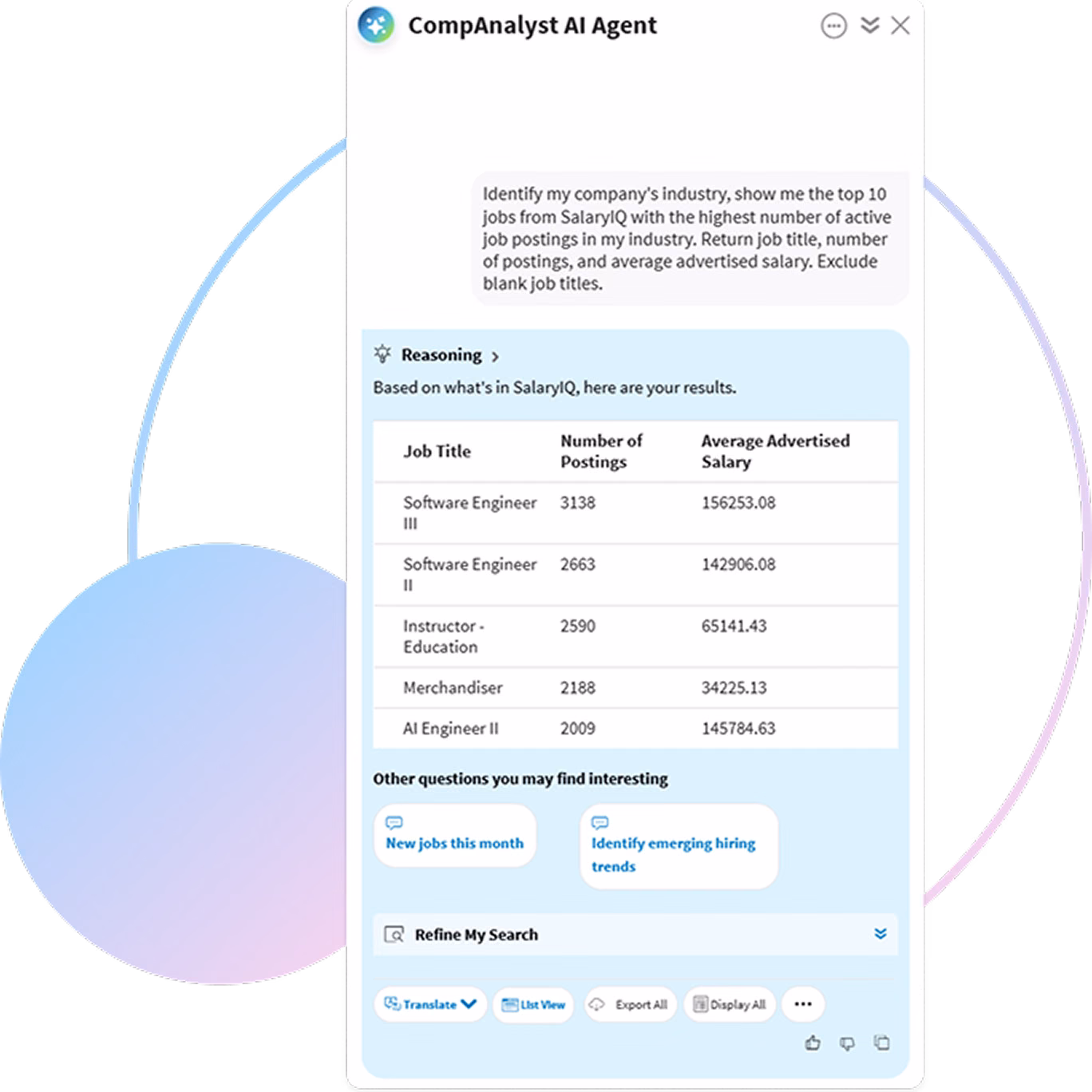 CompAnalyst AI Agent showing top jobs from SalaryIQ